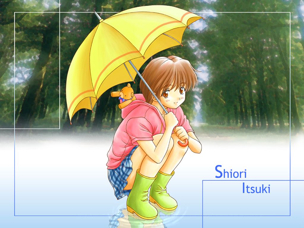 1girl, ankle_boots, aqua_skirt, artist_request, blue_bow, blue_bowtie, blurry, blurry_background, blush, boots, bow, bowtie, brown_eyes, character_name, closed_mouth, collarbone, dirt_road, drawstring, english_text, forest, full_on_games, green_footwear, holding, holding_umbrella, hood, hood_down, hoodie, itsuki_shiori, kuon_no_kizuna, legs_together, light_brown_hair, looking_at_viewer, nature, non-web_source, official_art, official_wallpaper, photo_background, pink_hood, pink_hoodie, plaid_clothes, plaid_skirt, puddle, reflection, reflective_water, road, rubber_boots, short_hair, short_sleeves, simple_background, skirt, smile, solo, stuffed_animal, stuffed_toy, teddy_bear, tree, umbrella, xuse, yellow_umbrella