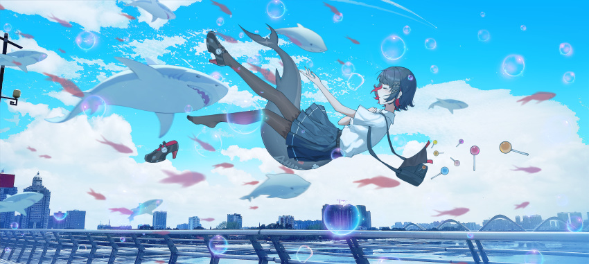1girl, absurdres, bag, black_footwear, black_hair, black_pantyhose, blue_skirt, blue_sky, building, candy, cityscape, ellen_joe, fins, fish_tail, floating, food, hair_ornament, high_heels, highres, lollipop, pantyhose, pleated_skirt, qiuqiuku, redhead, school_uniform, shark, shark_girl, shark_tail, shirt, shoes, short_hair, shoulder_bag, single_shoe, skirt, sky, skyscraper, tail, white_shirt, zenless_zone_zero
