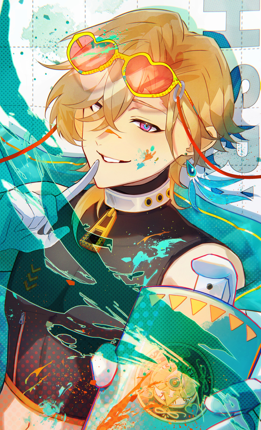 1boy, absurdres, alternate_costume, aventurine_(honkai:_star_rail), black_shirt, blonde_hair, blue_eyes, can, commentary_request, crop_top, earrings, eyewear_on_head, finger_to_mouth, gloves, hair_over_one_eye, heart, heart-shaped_eyewear, highres, holding, holding_can, honkai:_star_rail, honkai_(series), jewelry, looking_at_viewer, male_focus, navel, ozuro_(orzbone2008), paint_splatter, paint_splatter_on_face, parted_lips, pink_eyes, red-tinted_eyewear, shirt, short_hair, shushing, smile, solo, spray_can, sunglasses, tinted_eyewear, toned, toned_male, upper_body, white_gloves, yellow-framed_eyewear