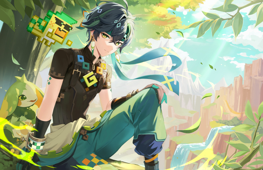 1boy, absurdres, ajaw_(genshin_impact), black_gloves, black_hair, black_shirt, blue_sky, closed_mouth
