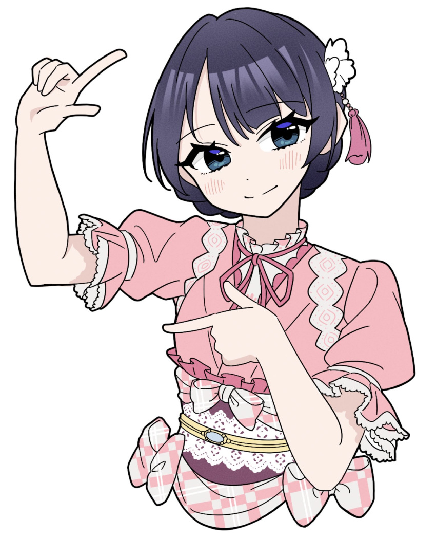 1girl, blue_eyes, blue_hair, blush, closed_mouth, commentary, cropped_torso, dark_blue_hair