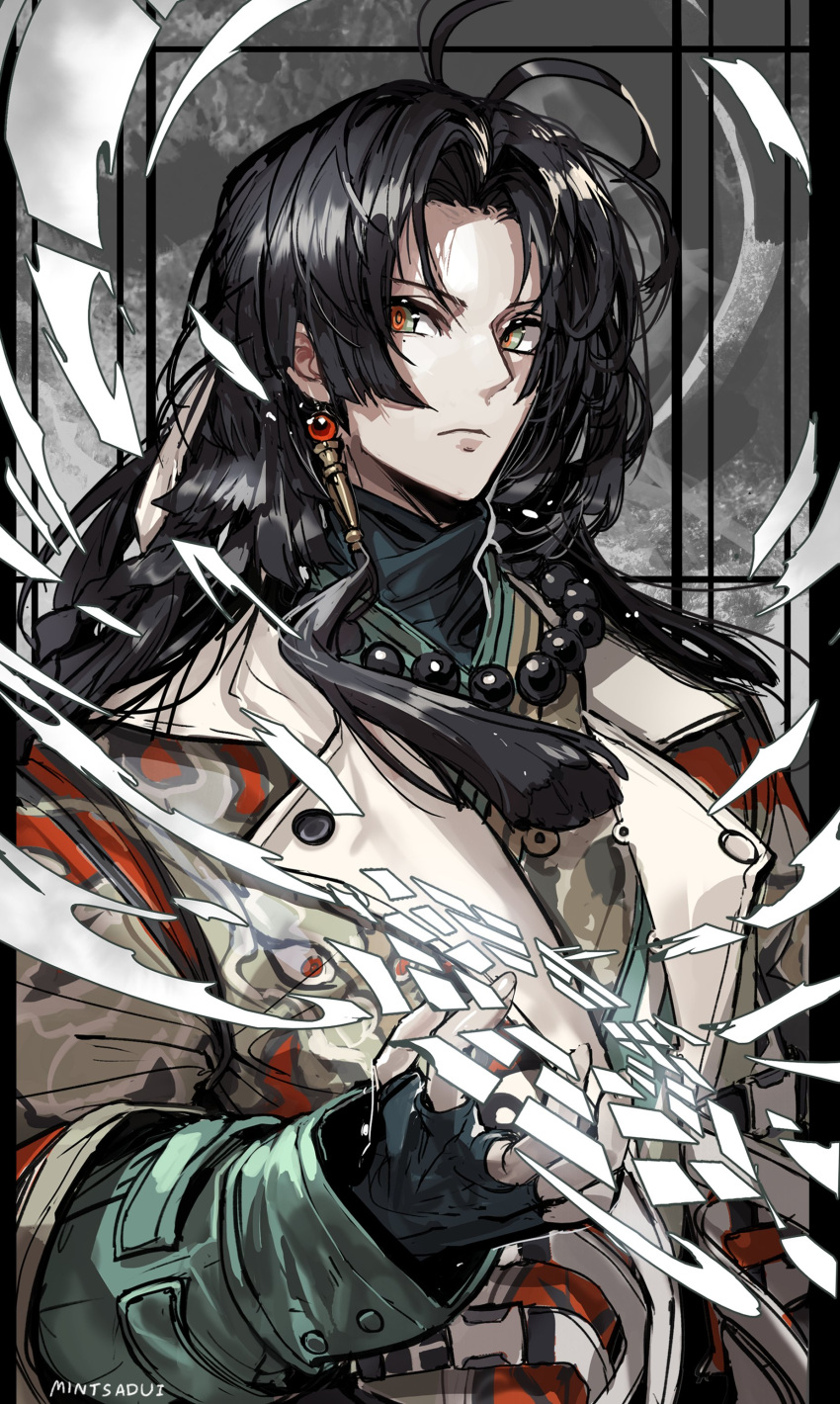 1boy, absurdres, artist_name, bead_necklace, beads, black_border, black_gloves, black_hair