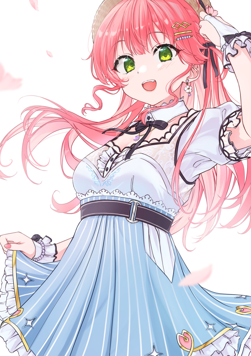 1girl, blush, clothes_pull, earrings, fingerless_gloves, gloves, green_eyes, highres
