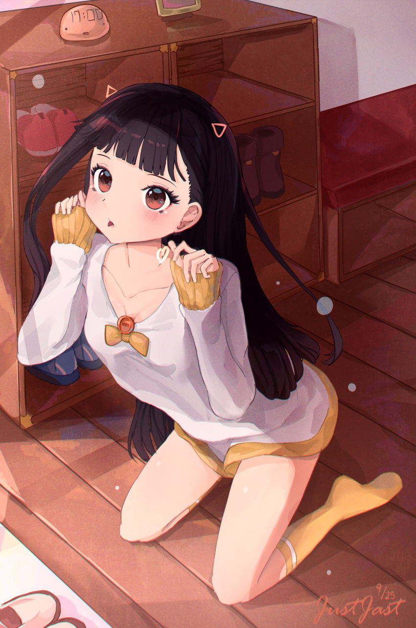 1girl, absurdres, alarm_clock, black_hair, blush, bow, bowtie, breasts