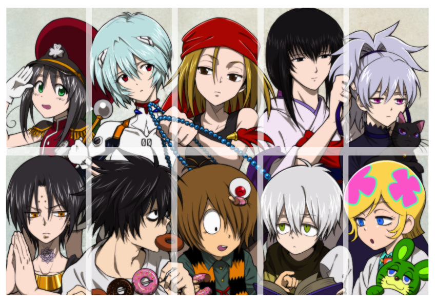 :o, akuma-kun, angry, ashura_(butsu_zone), ayanami_rei, bad_id, bandana, bandanna, beads, black_cat, black_cat_(animal), black_eyes, black_hair, blonde, blonde_hair, blue_eyes, blue_hair, bodysuit, book, bow, brown_eyes, brown_hair, butsu_zone, cap, cat, character_request, crossover, darker_than_black, death_note, doughnut, dress, eating, food, formal, gegege_no_kitarou, gloves, green_eyes, hair_bow, hair_ornament, hair_ribbon, hairdressing, happy, hat, head_scarf, irabu_ichirou, japanese_clothes, jewelry, kamiya_kaoru, kimono, kitarou, kuuchuu_buranko, kyouyama_anna, l, long_hair, mao_(darker_than_black), maruyama_sylvia, matsushita_ichiro, matsushita_ichirou, medama_oyaji, military, military_uniform, multiple_boys, multiple_girls, neon_genesis_evangelion, open_mouth, plugsuit, ponytail, preaching, purple_eyes, red_eyes, ribbon, rikujo_boeitai_mao-chan, rikujou_boueitai_mao-chan, rurouni_kenshin, salute, screencap, shaman_king, short_hair, shounen_jump, silver_hair, simple_background, sitting, smile, suit, togetsuhou, uniform, violet_eyes, wafuku, weapon, worried, yellow_eyes, yin, yukishiro_tomoe
