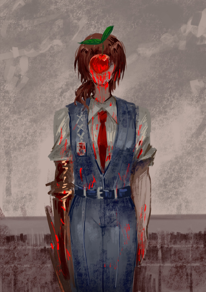1boy, absurdres, apple, arms_at_sides, arthropod_limbs, belt, belt_buckle, black_belt
