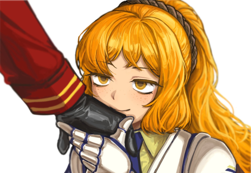 1girl, 1other, armor, blue_necktie, closed_mouth, collared_shirt, dante_(limbus_company), freckles, gauntlets, highres, ishmael_(project_moon), kiss, kissing_hand, limbus_company, necktie, nra_3614, pauldrons, ponytail, project_moon, shirt, shoulder_armor, sidelocks, smile, white_armor, yellow_shirt, zwei_association_(identity)_(project_moon)