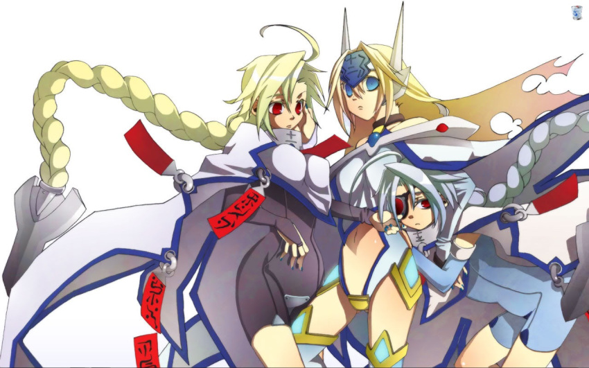 ahoge, blazblue, blonde_hair, blue_eyes, braid, cape, colored_eyelashes, empty_eyes
