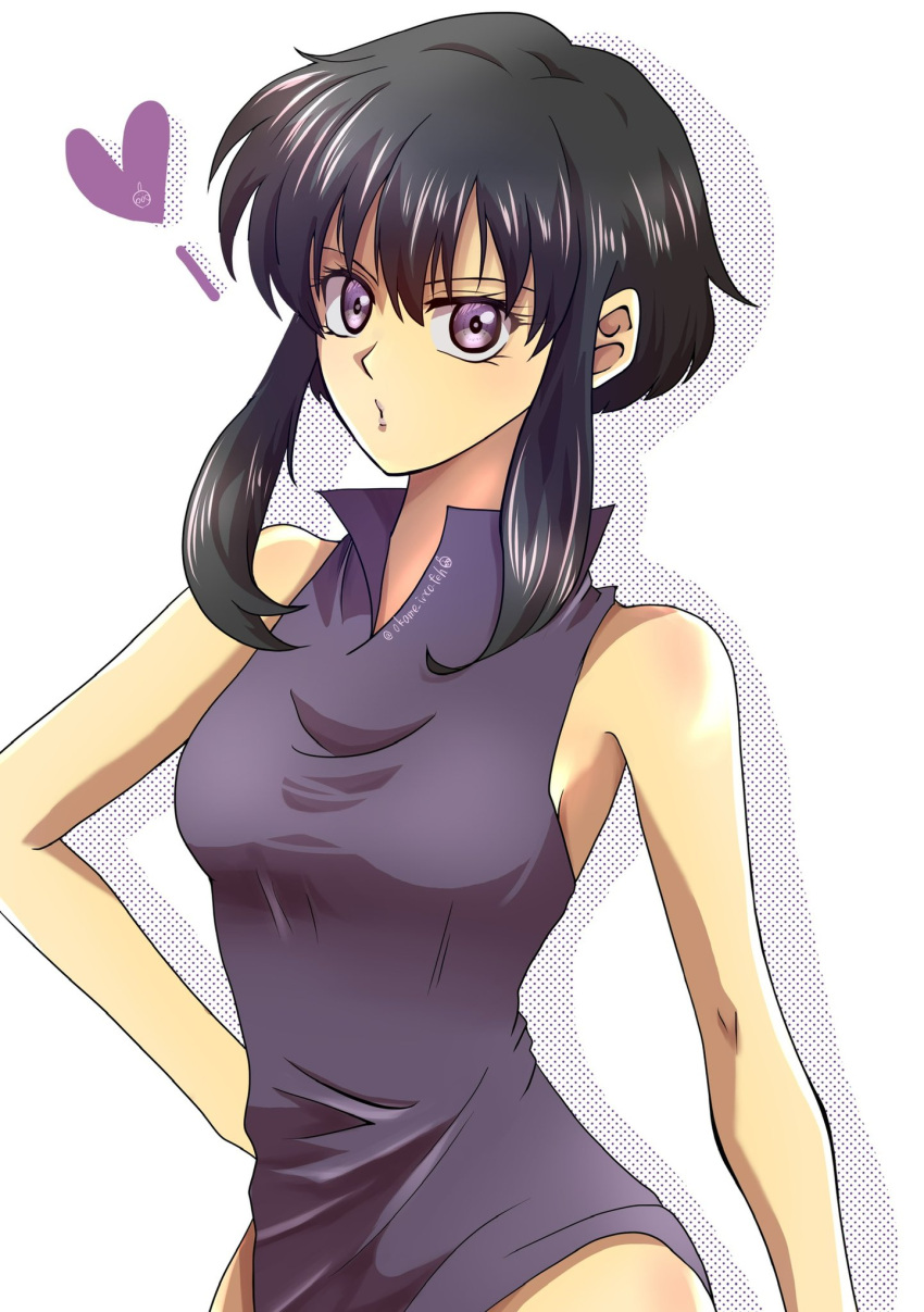 1girl, black_hair, blowing_kiss, fire_emblem, fire_emblem:_genealogy_of_the_holy_war, hair_between_eyes, hand_on_own_hip, heart, highres, larcei_(fire_emblem), looking_at_viewer, okame_inco_feh, puckered_lips, purple_tunic, short_hair, sidelocks, simple_background, sleeveless, solo, spoken_heart, tomboy, tunic, violet_eyes, white_background