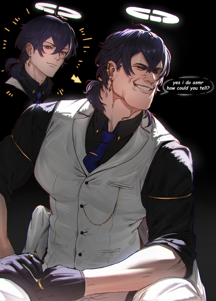 1boy, absurdres, arrow_(symbol), azeru_(vtuber), black_background, black_gloves, black_shirt, crossed_bangs, earclip, earrings, english_text, gigachad_(meme), gloves, grin, halo, highres, indie_virtual_youtuber, jewelry, kowai_(iamkowai), male_focus, meme, pants, purple_hair, shirt, sitting, smile, speech_bubble, teeth, toned, vest, virtual_youtuber, white_halo, white_pants, white_vest