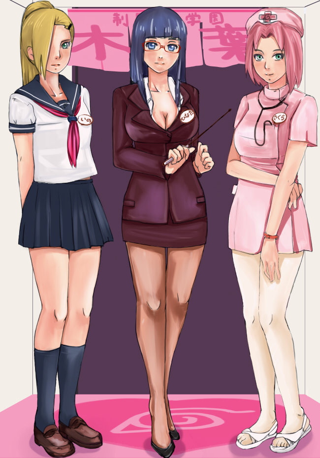 3girls, black_hair, blonde_hair, blue_eyes, breasts, business_suit, cleavage, cross