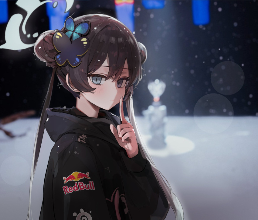 1girl, black_hair, black_jacket, blanc_(whit_blanc), blue_archive, blurry, braid, braided_bun