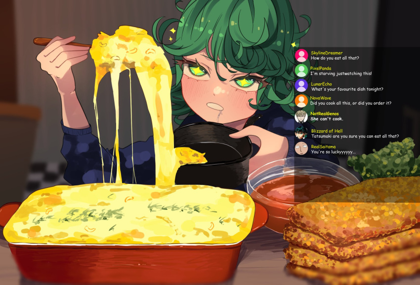 1girl, black_sweater, blush, cheese, curly_hair, english_text, food, fubuki_(one-punch_man)