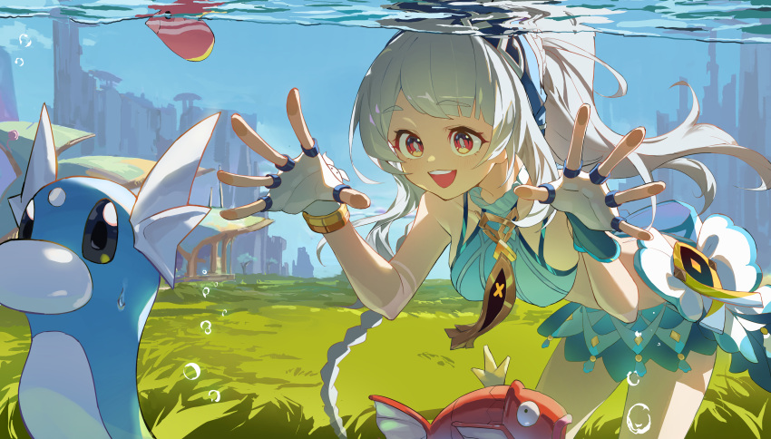 1girl, absurdres, air_bubble, bent_over, blue_hair, blue_hairband, blue_shorts, blue_sky