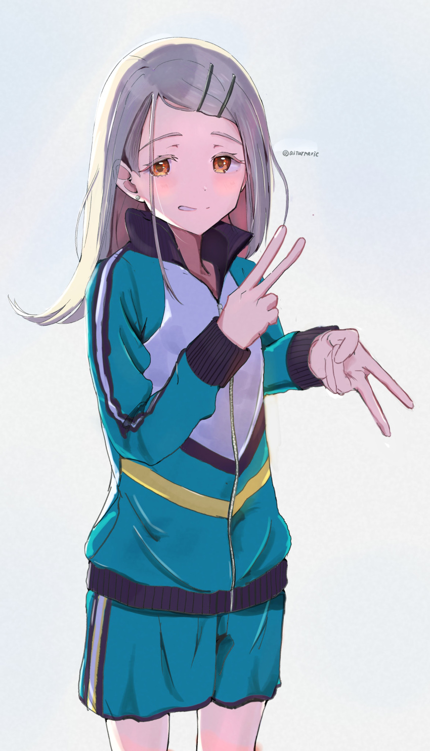 absurdres, aiturmeric, colored_eyelashes, commentary, cowboy_shot, double_v, earrings, flipped_hair