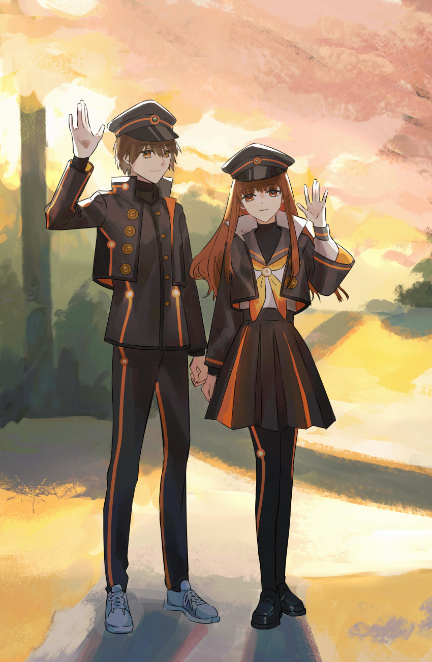 1boy, 1girl, absurdres, black_footwear, black_hat, black_jacket, black_pants, black_pantyhose, black_sailor_collar, black_skirt, brown_eyes, brown_hair, commentary_request, cropped_jacket, fate/extra, fate/grand_order, fate_(series), full_body, hat, highres, jacket, kishinami_hakuno_(female), kishinami_hakuno_(female)_(mooncancer), kishinami_hakuno_(male), kishinami_hakuno_(male)_(mooncancer), littlebird_label, long_hair, long_sleeves, looking_at_viewer, military_hat, neckerchief, official_alternate_costume, open_clothes, open_jacket, orange_neckerchief, pants, pantyhose, sailor_collar, shadow, shirt, shoes, short_hair, skirt, sneakers, white_footwear, white_shirt