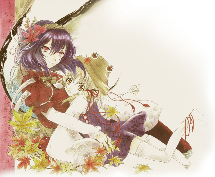 blonde_hair, brown_eyes, feet_in_water, hair_ornament, hand_holding, hat, holding_hands, hug