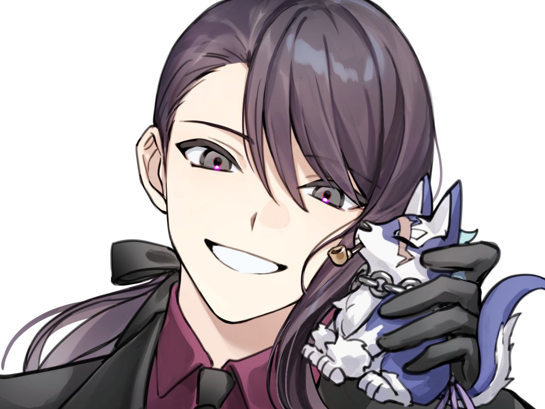 1boy, alternate_costume, alternate_hairstyle, black_jacket, black_necktie, chain, chain_necklace, character_doll