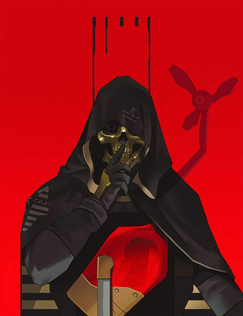 1boy, arm_up, black_cloak, black_gloves, cloak, commentary, death_stranding, english_commentary
