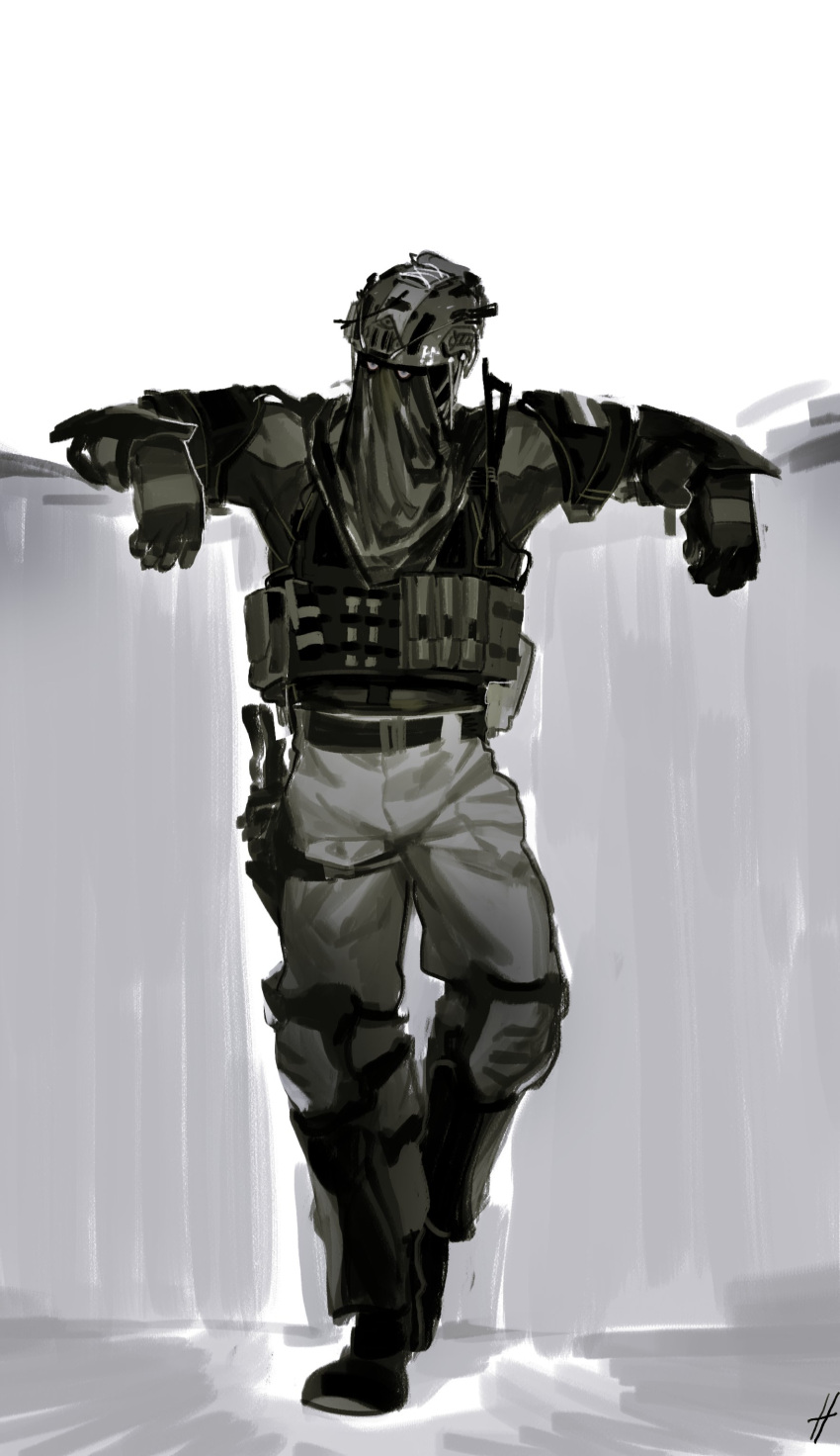 1boy, absurdres, arm_rest, arms_up, bandolier, belt, black_belt, black_footwear, black_gloves, call_of_duty, call_of_duty:_modern_warfare_2, commentary, gloves, hallot, hashtag-only_commentary, helmet, highres, holster, konig_(call_of_duty), looking_to_the_side, male_focus, mask, pants, solo, tactical_clothes, thigh_holster, white_background