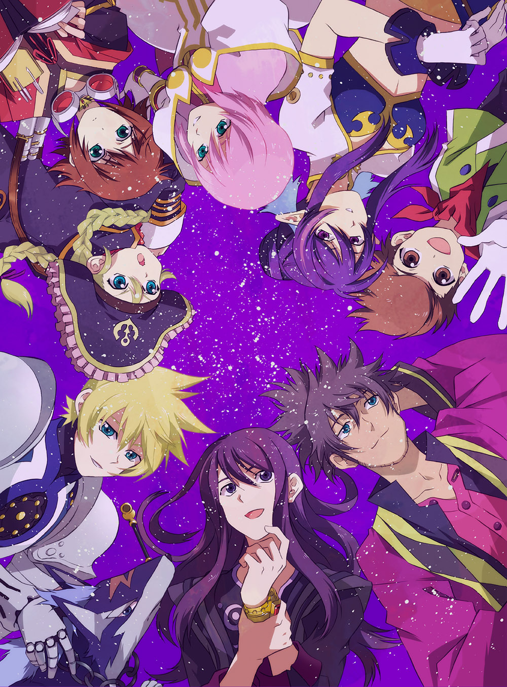 4girls, animal, blonde_hair, blue_eyes, braid, brown_eyes, brown_hair, circle_formation, dog, estellise_sidos_heurassein, everyone, flynn_scifo, fujimura_(marina), fujimura_(pixiv43753), gloves, goggles, green_eyes, highres, judith, karol_capel, kiseru, long_hair, multiple_boys, multiple_girls, patty_fleur, pink_hair, pipe, pointy_ears, purple_background, purple_eyes, purple_hair, raven, raven_(tov), repede, rita_mordio, scarf, short_hair, smile, tales_of_(series), tales_of_vesperia, twintails, violet_eyes, yuri_lowell