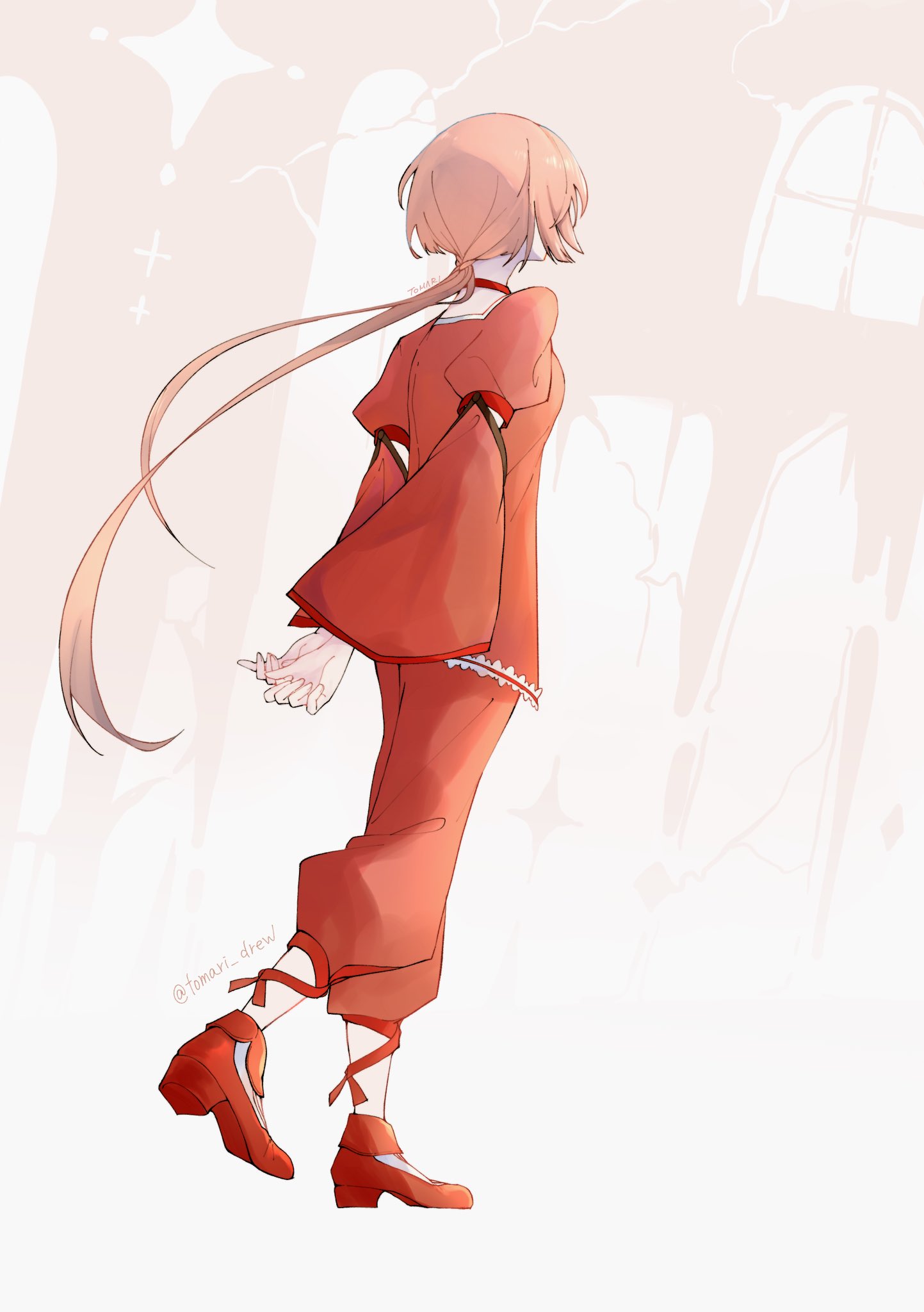 1girl, arm_cutout, arms_behind_back, baggy_pants, broken_glass, broken_window, choker, dutch_angle