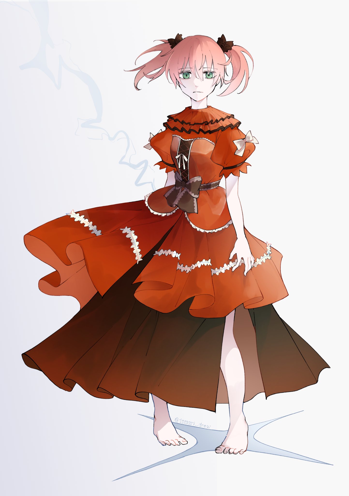 1girl, alternate_hair_color, alternate_hairstyle, barefoot, bow, brown_bow, closed_mouth, collar