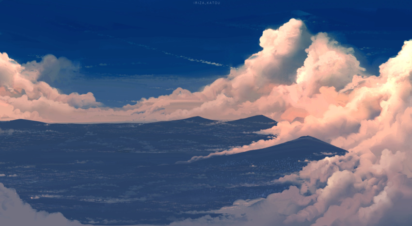 artist_name, blue_sky, clouds, cloudy_sky, evening, iriza_katou, mountain, no_humans