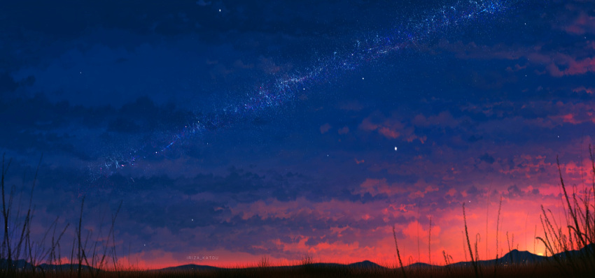 artist_name, evening, gradient_sky, highres, iriza_katou, no_humans, orange_sky, original