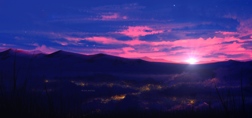 artist_name, evening, gradient_sky, highres, iriza_katou, mountain, mountainous_horizon, night, night_sky, no_humans, original, outdoors, pink_sky, scenery, sky, star_(sky), starry_sky, sun, sunset