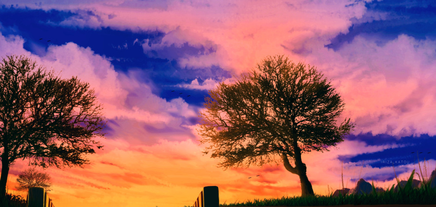 artist_name, blue_sky, clouds, cloudy_sky, evening, grass, highres, iriza_katou