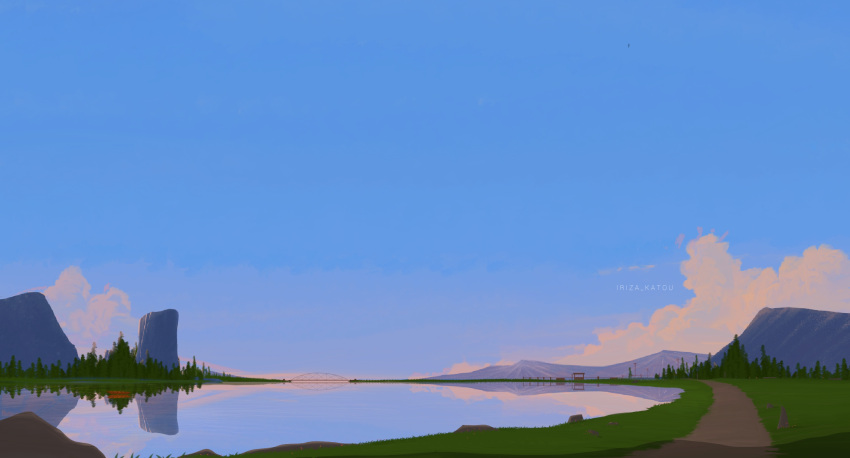 artist_name, blue_sky, clouds, dirt_road, evening, grass, highres, iriza_katou