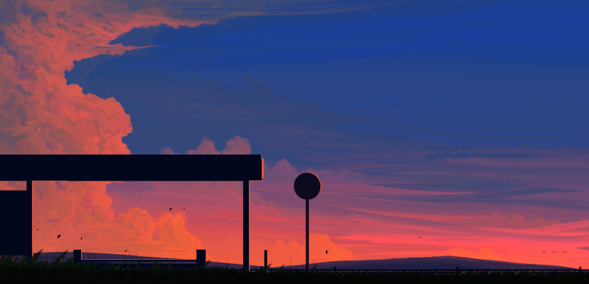artist_name, bench, blue_sky, bus_stop, bus_stop_sign, clouds, evening, highres