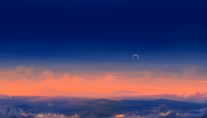 artist_name, clouds, crescent_moon, iriza_katou, moon, mountain, night, night_sky