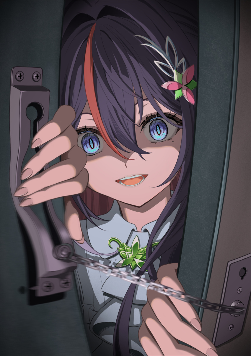 1girl, ascot, azki_(4th_costume)_(hololive), azki_(hololive), black_hair, blue_eyes, collared_dress, commentary_request, crazy_eyes, crazy_smile, door_chain, doorway, dress, hair_intakes, hair_ornament, highres, hololive, kagura_hiromu, long_hair, looking_at_viewer, multicolored_hair, open_mouth, pov_doorway, smile, solo, streaked_hair, teeth, upper_body, virtual_youtuber, white_ascot, white_dress, yandere