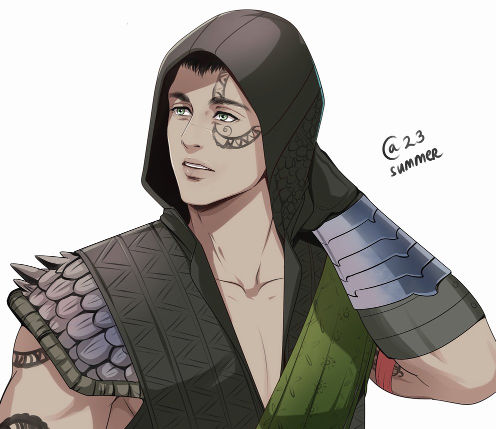 1boy, arm_behind_head, arm_tattoo, arm_up, armor, armored_gloves, autumn-sacura, black_hair