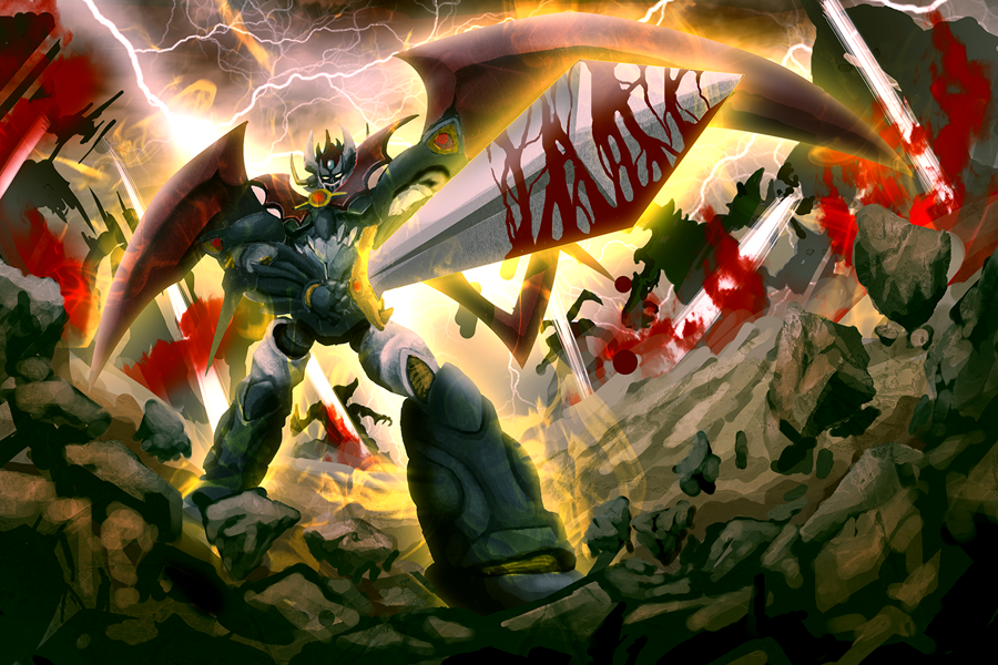 antares_warld, glowing, glowing_eyes, holding, holding_sword, holding_weapon, horns, mazinger_(series), mazinger_z, mazinkaiser, mazinkaiser_(robot), mecha, mecha_focus, mechanical_wings, no_humans, pilder, robot, science_fiction, sunrise_stance, super_robot, sword, weapon, wings, yellow_eyes