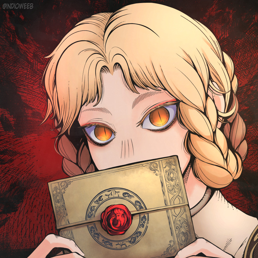 1girl, absurdres, blonde_hair, commentary, covered_mouth, elden_ring, english_commentary, hair_rings, highres, holding, holding_letter, indio_weeaboo, letter, looking_at_viewer, orange_eyes, parted_bangs, red_background, rya_(elden_ring), short_hair, slit_pupils, solo, twitter_username, upper_body