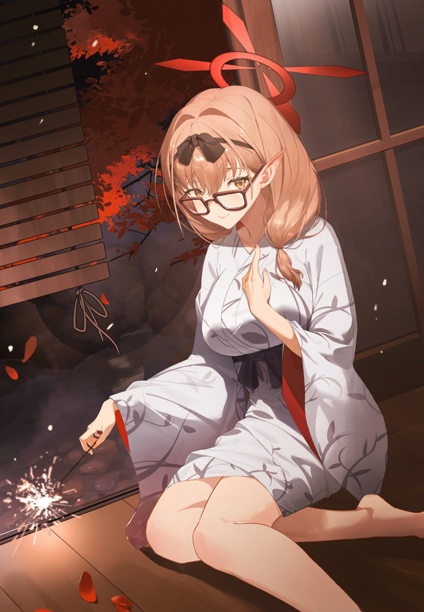 1girl, absurdres, autumn, autumn_leaves, barefoot, black_bow, blue_archive, blush