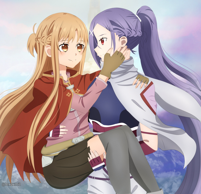 2girls, absurdres, armor, asuna_(sao), belt, blush, brown_eyes, brown_hair, carrying, carrying_person, chest_armor, cloak, english_commentary, highres, lexuz, long_hair, long_sleeves, mito_(sao), multiple_girls, pants, ponytail, purple_hair, red_eyes, sword_art_online, sword_art_online_progressive, watermark, white_cloak, white_pants