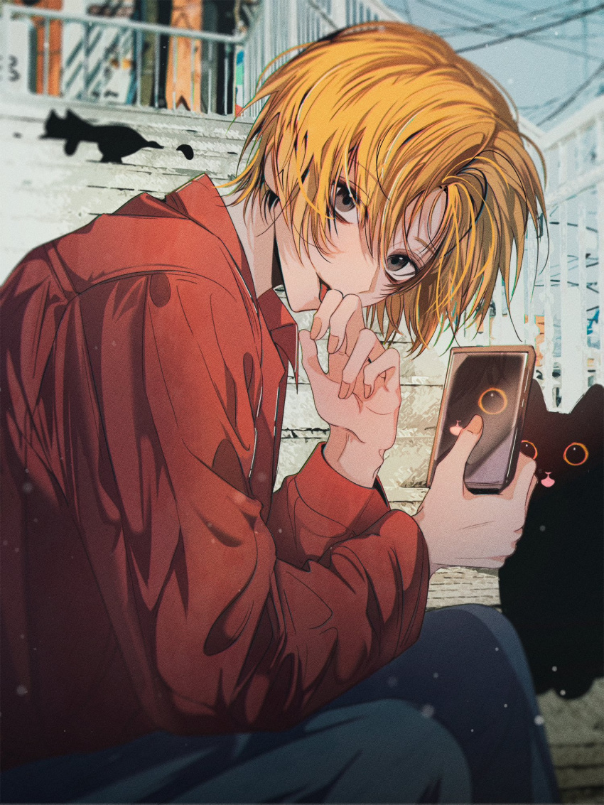 1boy, blonde_hair, brown_eyes, cat, denim, elbow_on_thigh, fingernails, from_side