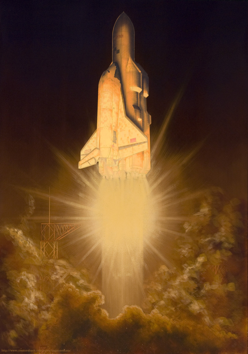 commentary_request, highres, liftoff, nagato_mikasa, no_humans, original, rocket, smoke