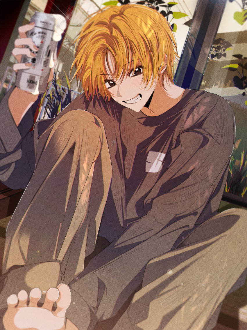 1boy, barefoot, beer_can, blonde_hair, brown_eyes, can, drink_can, dutch_angle