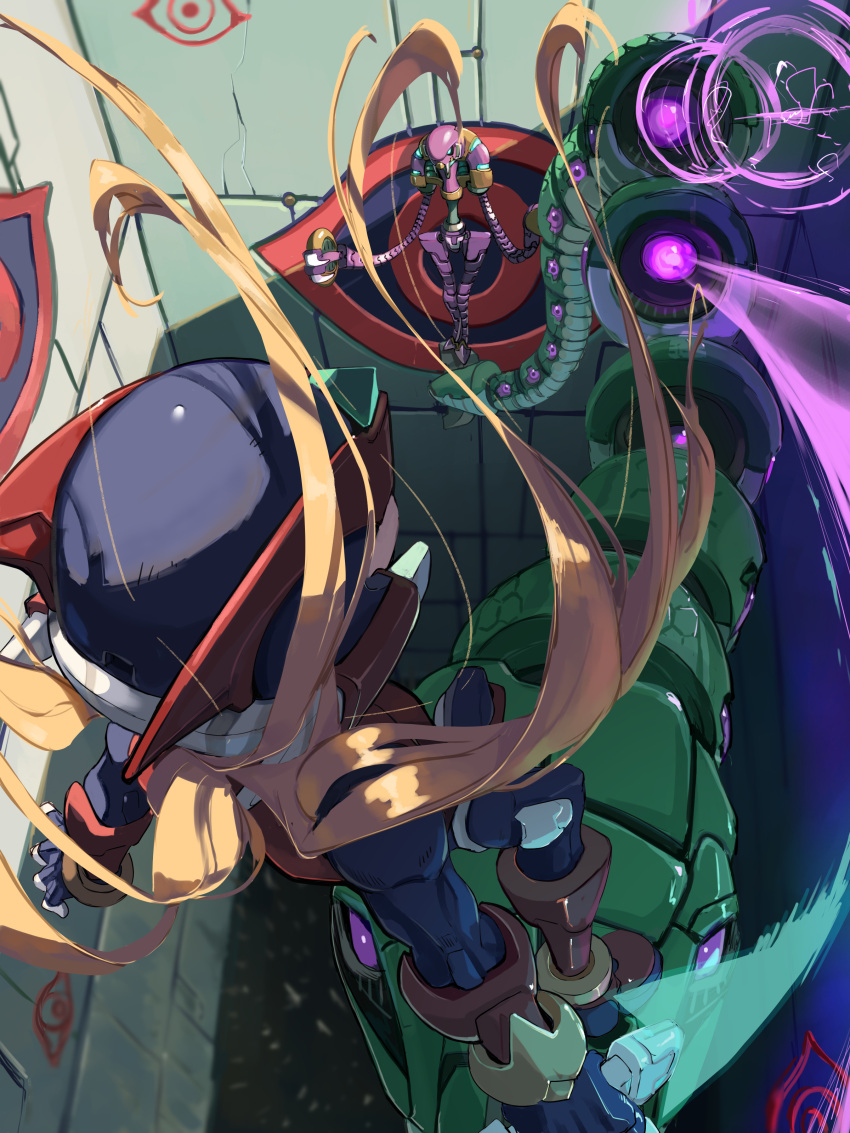 2boys, absurdres, android, armor, battle, blonde_hair, energy_sword, forehead_jewel, helmet, highres, holding, holding_sword, holding_weapon, hyleg_ourobockle_(mega_man), long_hair, male_focus, mega_man_(series), mega_man_zero_(series), mega_man_zero_2, multiple_boys, omochi_(mochi_skymega), red_armor, red_helmet, standing, sword, weapon, z_saber, zero(z)_(mega_man), zero_(mega_man)