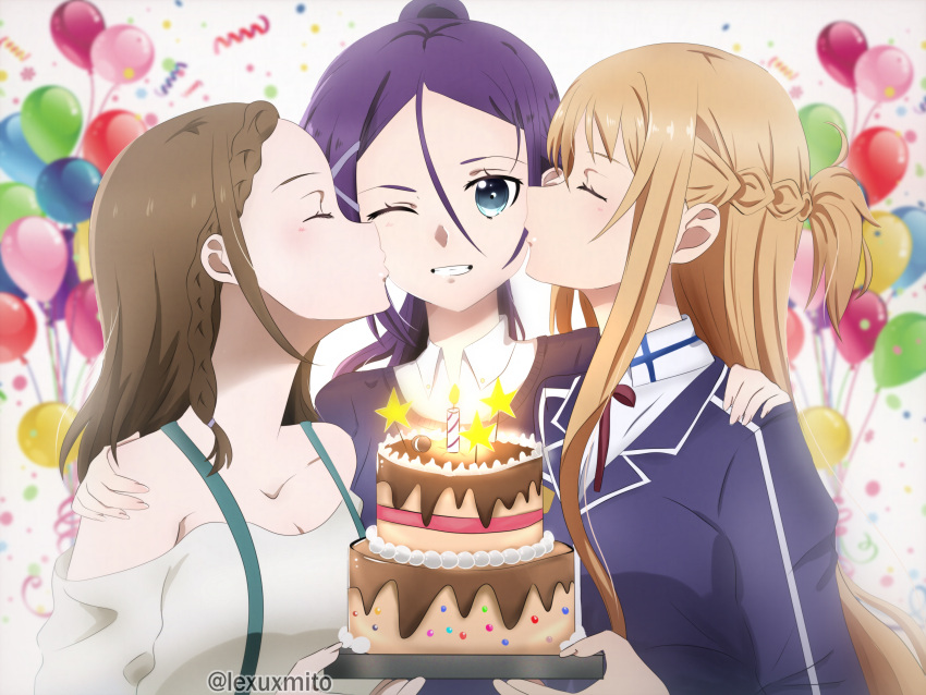 3girls, absurdres, asuna_(sao), balloon, bare_shoulders, brown_hair, cake, candle