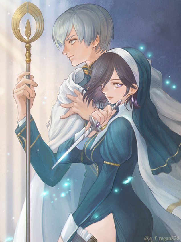 1boy, 1girl, black_hair, cape, dagger, earrings, hair_between_eyes, holding