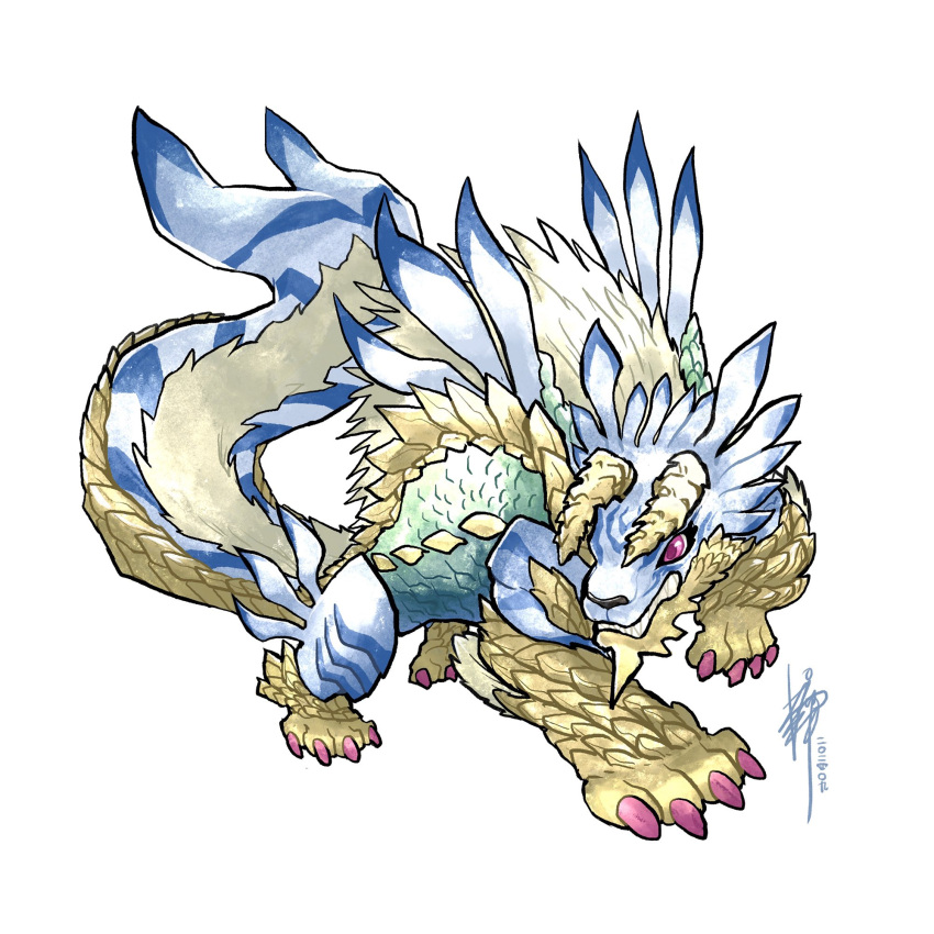 blue_fur, body_fur, colored_skin, digimon, digimon_(creature), full_body, highres, horns, monster_hunter_(series), sharp_teeth, signature, simple_background, teeth, tianwaitang, violet_eyes, white_background, wolf, yellow_skin, zinogarurumon