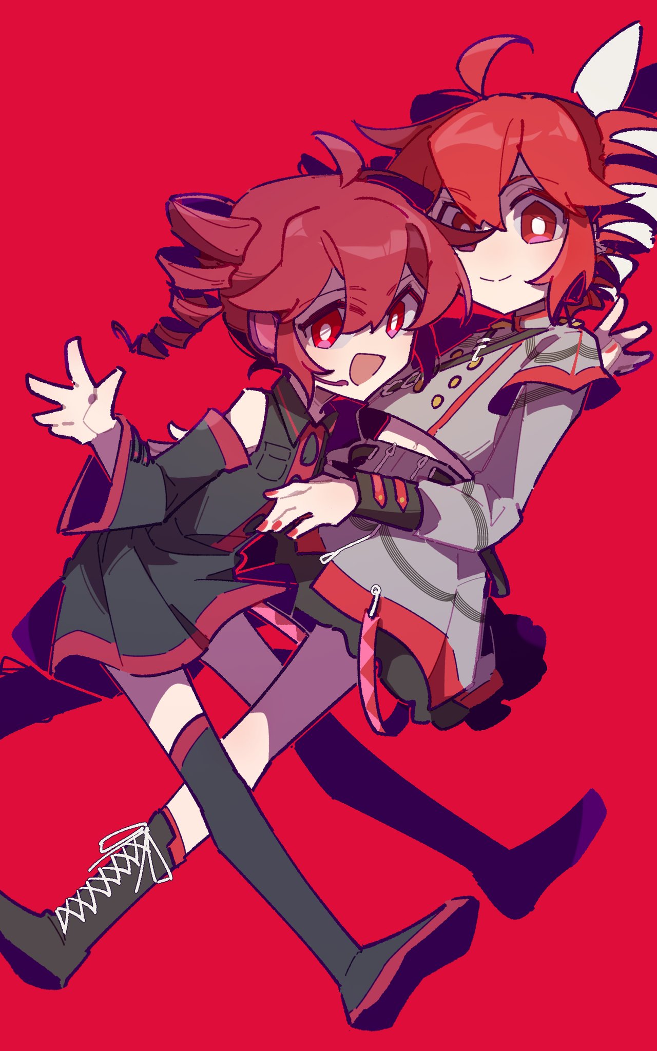 2girls, ahoge, black_footwear, black_shirt, black_skirt, boots, bright_pupils, buttons