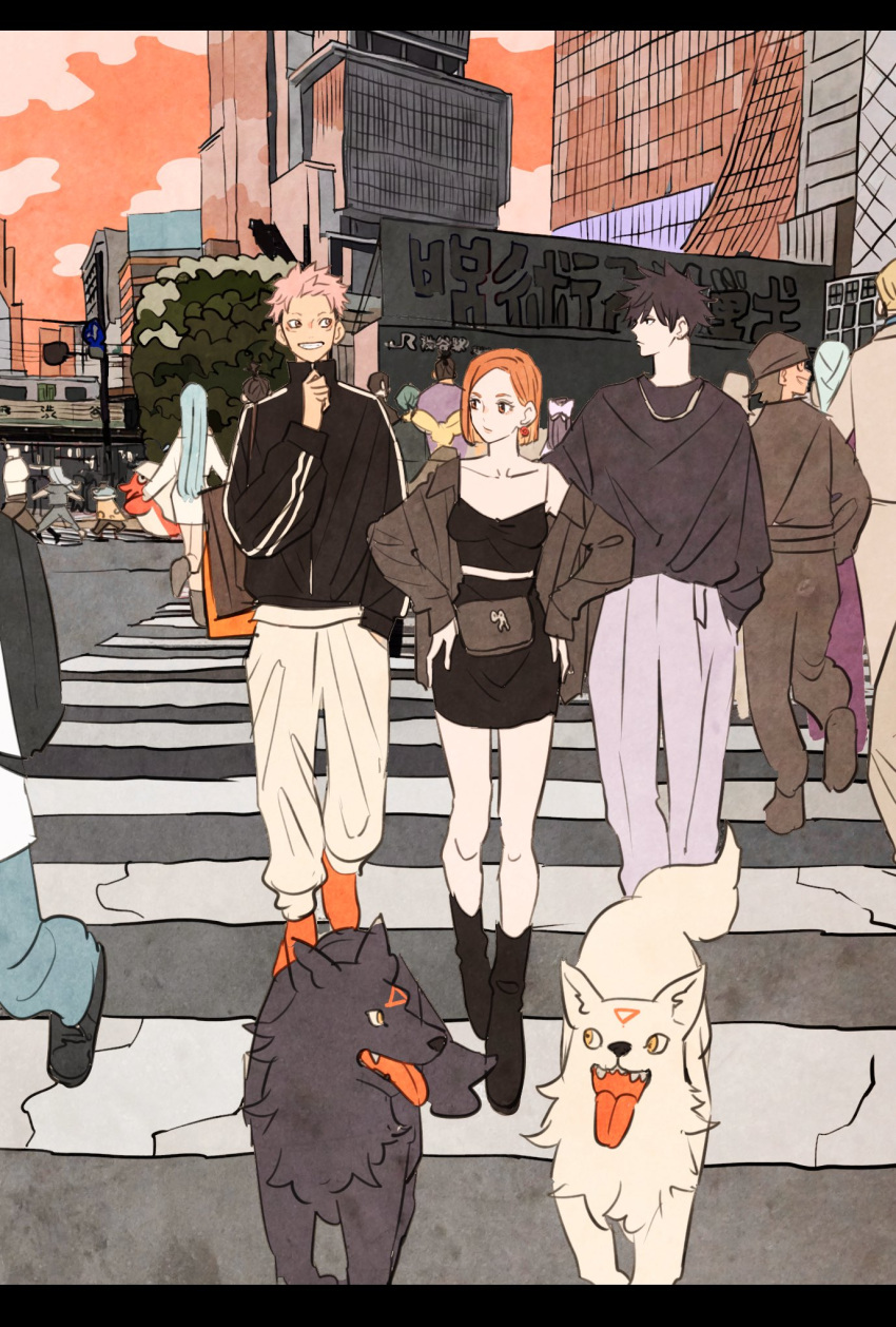 6+boys, 6+girls, back, black_hair, black_skirt, blonde_hair, blue_hair, city