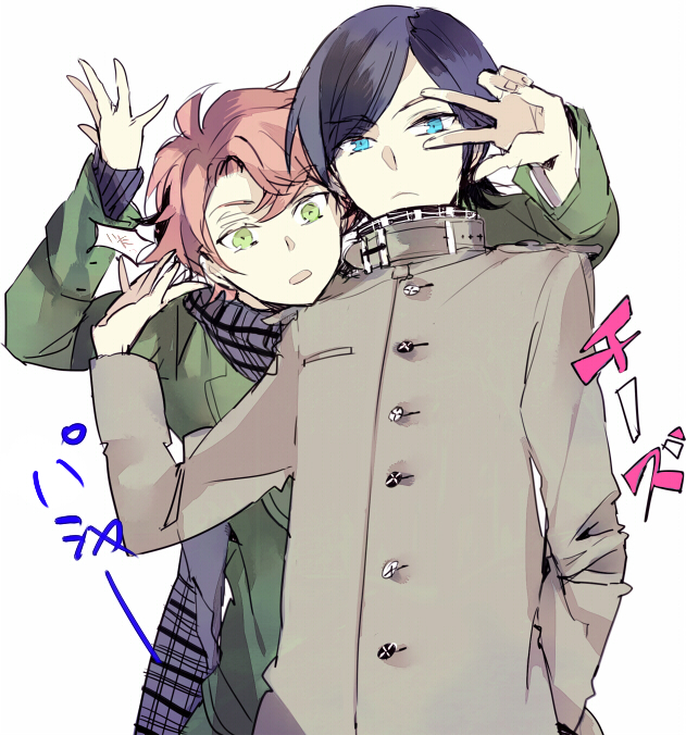 blue_eyes, brown_hair, coat, gianluca_zanardi, inazuma_eleven, inazuma_eleven_(series), male, marco_maseratti, multiple_boys, red_hair, redhead, scarf, suou, v